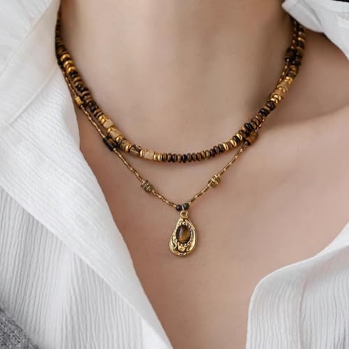 Beaded Necklace for Women Boho Beach Beaded Choker Natural Stone Brown Tiger Eye Necklace Jewelry Gift4