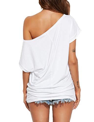 Poetsky Womens Casual One Off Shoulder Shirts Loose Fitting Batwing Top Blouse (L, A1 White) #TOP4