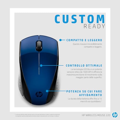 HP 220 Mouse Wireless, Tecnologia LED Blu, Sensore Ottico da 1300 DPI, 3 Pulsanti e Rotella di Scorrimento Integrata, Impugnature Pratiche e Funzionali, Ricevitore Nano Incluso, Design Moderno, Blu - Immagine 3