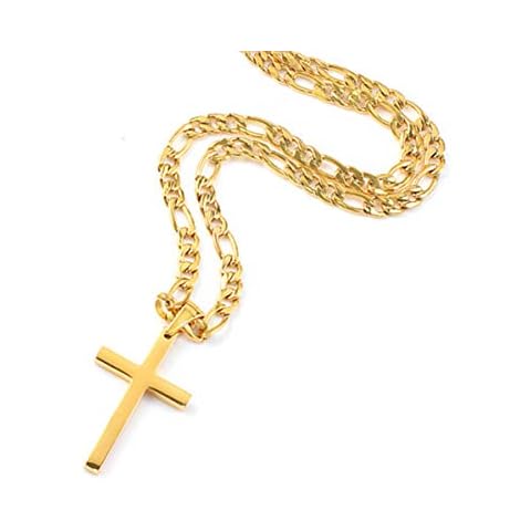 FZTN Jewelry Gold Flat Figaro Chain Necklace with Cross Pendant for Men Women 20 Inch 18K Gold Plated Stainless Steel Fashion Jewelry Cover