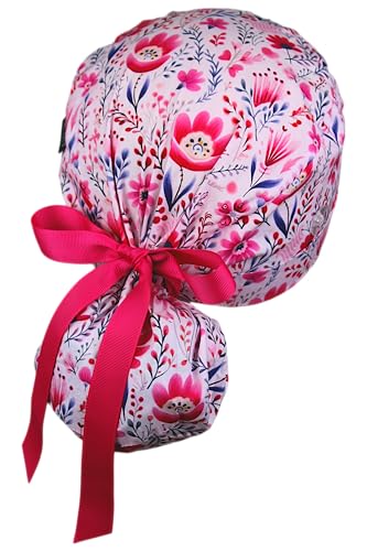 Image of Scrub Cap for Women and Men, Ponytail Scrub Caps, Working Hat, Head Cover with Ribbon Ties and Buttons, Long Hair