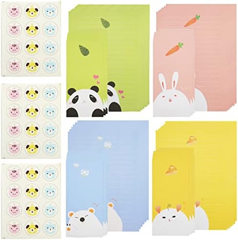 ZoZoMaiy Set 24 Feuilles Papier à Lettres + 12 Enveloppes + 36 Autocollants - Style Dessin Animé Animaux Mignons