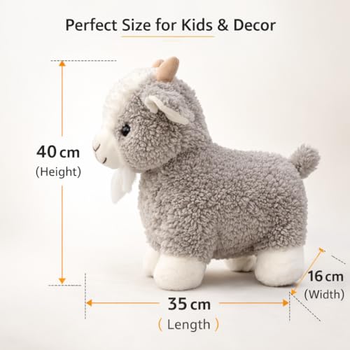 Image of Sheep Soft Toy for Kids, Ultra Soft Plush Stuffed Animal for Baby Boys & Girls, Cute Goat Teddy Toy for Kids, Birthday Gift & Room Decor Toy, Grey & White Color, 40 cm