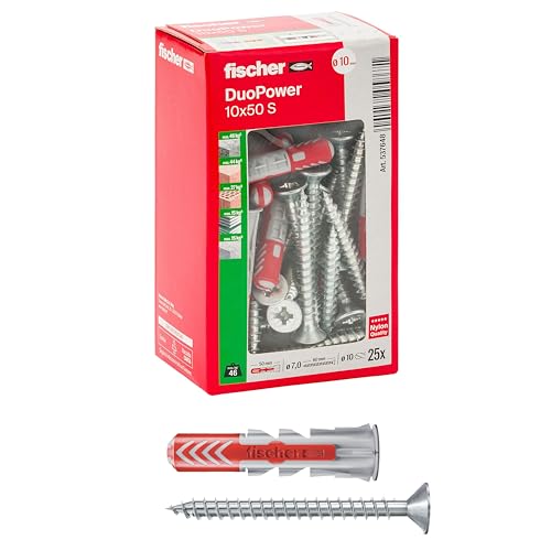 Fischer 25 x Dübel mit Schraube DuoPower 10 x 50 mm, für Mauern, Lochstein, Gipskarton, 537648 – Ansicht 1