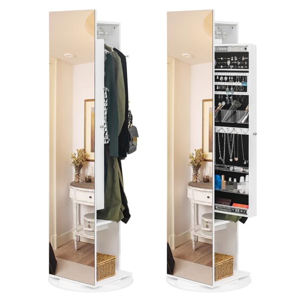 Swivel Jewelry Organizer, Standing Jewelry Armoire Rotating Jewelry Cabinet with Mirror, Full Length Storage Armoire with Lock, Jewelry Organizer with Inner Makeup Mirror for Living Room Bedroom