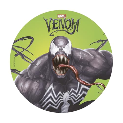 dekora - Décoration pour Gâteaux d’Anniversaire - Cake Topper Venom 20 cm - Disque en Azyme Comestible pour Gâteau Sans Gluten, Sans Sucres Ajoutés, Sans Lactose - Convient aux Végétariens