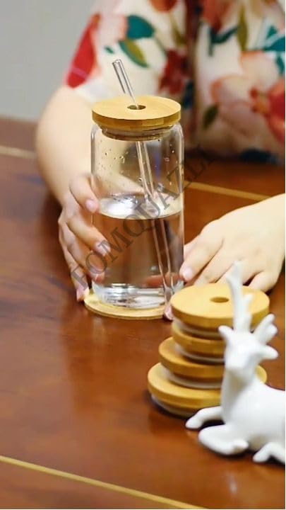 Image of 500ML Glass Cups with Bamboo Lids and Glass Straws Drinking Tumbler Iced Coffee Cup Smoothie Cups for Bubble Tea Whiskey Water Gift