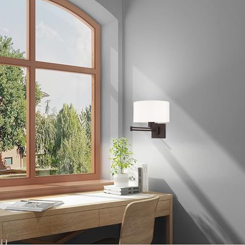 Image of Livex Lighting 40036-07 1-Light Swing Arm Wall Light, Bronze | Off-White Fabric Shade