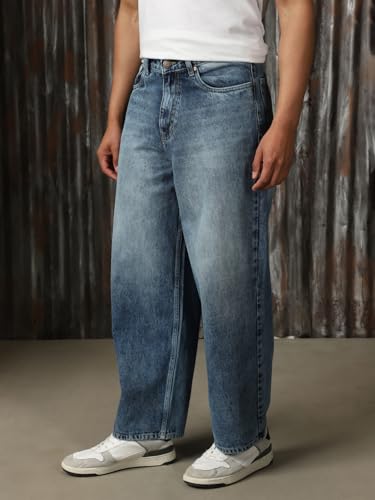 Image of High Star Men Cotton Washed Loose Fit Casual Mid-Rise Jeans