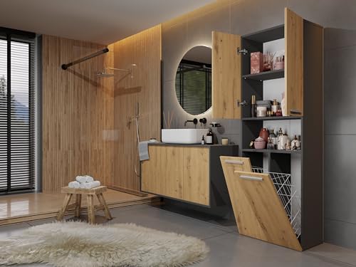 CDF Armario de Baño con 2 Cestas Ropa Sucia, Armario Alto, Bolsa de Ropa Extraíble con Asas Compartimento con Puerta 30 x 60 x 174 cm Roble Artisan/Antracita Montaje Sencillo - imagen 7