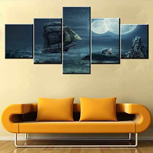 70% Off Discount Norse DecorPirate Ship Artwork Black and White Picture for Living Room Sailing Ship Boat Paintings Multi Panel Canvas Wall Art House Decor Wooden Framed Ready to Hang Posters and Print(50''Wx24''H)