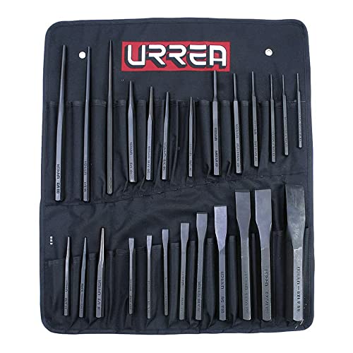 URREA Punch and Chisel Set - 26-Piece Striking Tool Kit with Taper Punches, Cold Chisels, Pin Punches, Center Punches, Chisel Gauge & Roll-up Storage Pouch - NO.46,Steel