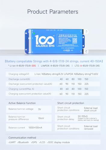 Image of 100BALANCE BMS 150A Active Balance 1A 8S-17S Build in Bluetooth Cell Balancing Smart PCB Battery Protection Board for Li-ion /Lifpo4 /LTO Lithium Battery Pack