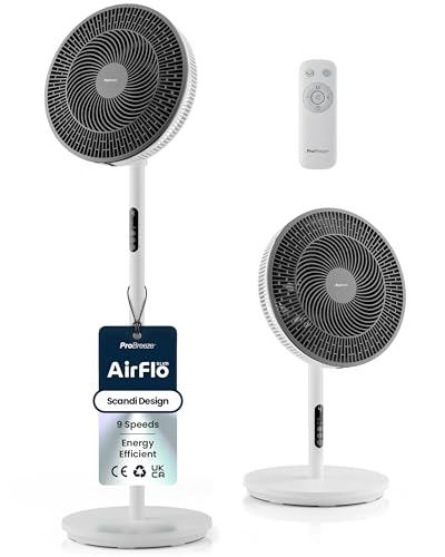 Pro Breeze AirFlo Slim 43 inch Pedestal Fan - Whisper Quiet & Powerful Standing Fan Energy Efficient 9 Speeds Powerful Airflow Adjustable Height 95 Oscillation Scandi Bedroom Night Home Office