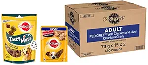 Pedigree Adult Wet Dog Food, Chicken & Liver Chunks in Gravy, 70 g (Pack of 30) & Pedigree Tasty Minis Cubes Adult Dog Treat, Chicken & Duck Flavour Chunks - 130 g Pack