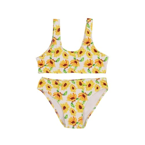 Girls Summer 𝐇awaiian Swimming Bathing Suit Cute Sunflower Print Bikini Swimsuit Strap Top & Bottoms 2-Piece
