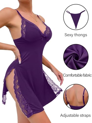Image of Foxiny Sexy Split Side Floral Lace Trim Full Slip Night Gown Babydoll Lingerie Dress with Thong 2 piece