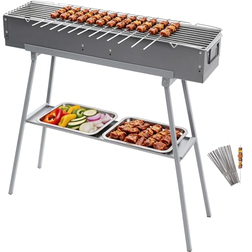 Lineslife Portable Charcoal Grill with 36PCS Stainless Steel Skewers Heavy Duty BBQ Grill with Folding Legs & 31.6x7.1 Cooking Area Kebab Grill for Outdoor Camping Party Backyard & Picnic