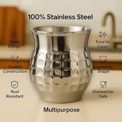 Image of STEEPLE Stainless Steel Kulhad Tea Cups 170 ml | Premium Hammered Tea & Coffee Cups | Steel Kulhad for Chai, Coffee, Milk & Juice | Drinking Cups for Home & Office (Set of 12)