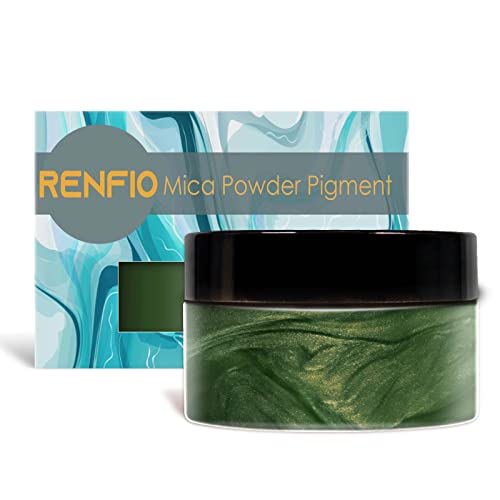 Renfio Pigment en poudre de mica 100 g, teinture naturelle métallisée minérale scintillante en résine époxy pour la peinture de la fabrication de savon Slime Bombes de bain 100 g - Vert piqué Cover