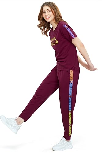 Image of ZEYO - Women's Cotton Typography Side Striped Night Suit Set of Top & Joggers Pajama Set