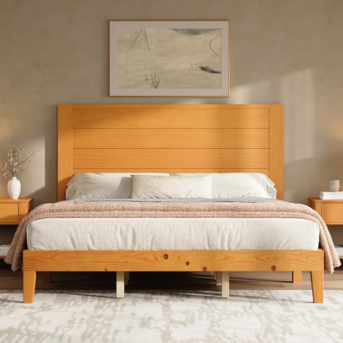 Image of AMERLIFE King Size Bed Frame with 48 inch Tall Headboard, Mid Century Modern Solid Wood Platform Bed with Silent Wood Slat System, No Box Spring Needed, Under-Bed Storage, Natural