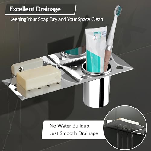Image of Plantex Stainless Steel 2in1 Soap Dish with Tumbler Holder /Soap Stand /Tooth Brush Holder /Bathroom Accessories - Wall Mount (Chrome)