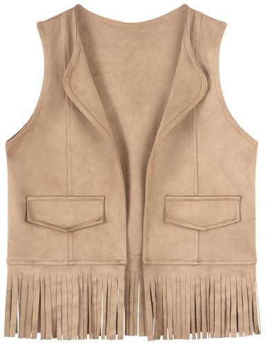 Image of Spring&Gege Boys Western Faux Suede Fringe Vest Sleeveless Cowboy Tassel Waistcoat Vintage Jacket Cardigan 5-14 Years