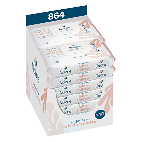 BIOLANE - Lot de 12 paquets - Lingettes bebe au lait de toilette - Bébé - 864 Lingettes bébé - Nettoie et hydrate - Peaux sensibles - 98% d'origine...