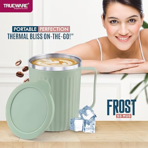 Image of Trueware Frost Unbreakable Mugs with Cap Stainless Steel Plastic Covered Travel Mug with lid for Tea, Coffee, Milk 400 ml (Green)