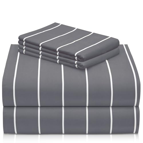 Image of LuxClub 4 PC Cal King Size Sheet Set, Breathable Luxury Bed Sheets, Deep Pockets 18 inch Wrinkle Free Cooling Machine Washable Hotel Bedding (Striped Light Grey)