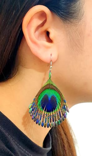 Iridescent Peacock Feather Earrings, Hand Beaded Rainbow Color Beads Peacock Earrings for Women Fashion Jewelry FA0142