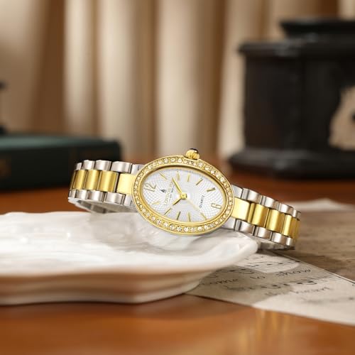 Image of London Fog Queenhithe Collection Watch for Women with Oval Textured Dial, Crystal Studded Bezel, Blue Crown Accent, Quartz Movement and Stainless Steel Strap - LFW20003