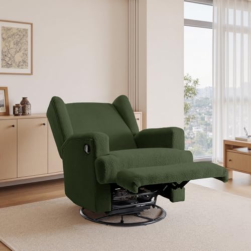 Image of Swivel Rocker Recliner Chair, 360 Swivel Wingback Recliner Chairs for Adults, Upholstered Boucle Fabric Glider Rocking Chair with High Back, Deep Seat for Living Romm Bedroom, Green