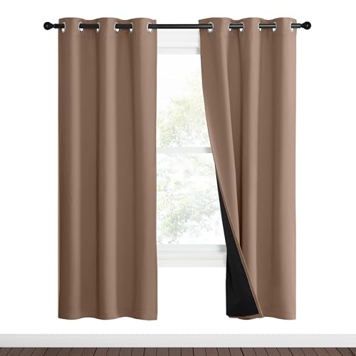 Image of NICETOWN 100% Blackout Curtains Thermal, Noise Reduction and Privacy Curtains for Patio Door, Black Lined Blackout Drapes with Grommet Top, Cappuccino, 1 Pair, W37 x L70