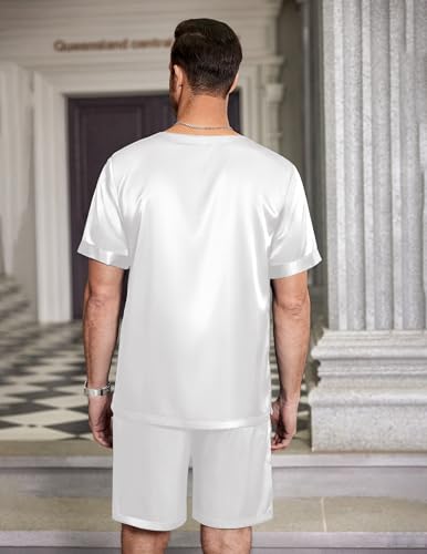 Image of Ekouaer Mens Pajamas Set Silk Satin Pjs Sets Summer Short Sleeve Button Down Sleepwear 2 Piece Loungewear with Pockets