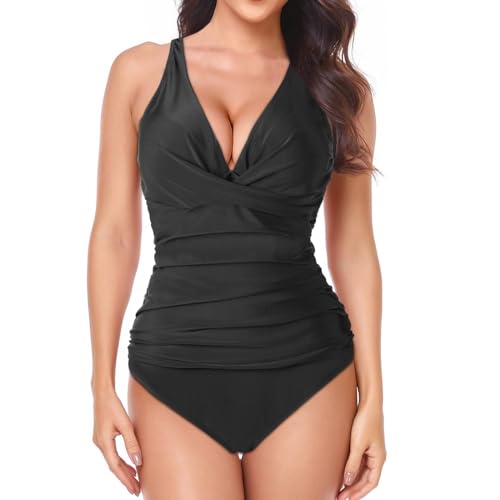 HOTUT Damen Bauchweg Bademode, V Ausschnitt Badeanzug, Einteilige Bademode, bauchweg Push up Swimsuit, Monokinis, high W...