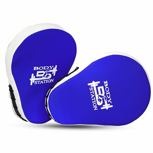 Image of Curved Focus Pad for Boxing, MMA, Karate, Taekwondo, Muay Thai, Kickboxing, Wushu, Aerobics Punch Mitts for Martial Arts Training, Bag Punching & Practice (Blue & White)