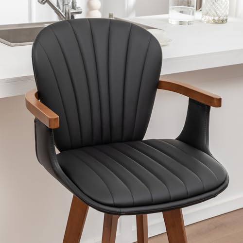 Image of LUNLING 30 inch Bar Height Stools Set of 2,Mid Century Modern Bar Stools,Black PU Leather Kitchen Island Stools,Wood High Barstools Swivel with Back and Arms for Home Bar Furniture