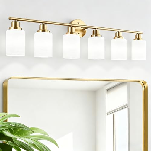 Image of 6-Light Vanity Lights, Brushed Gold Bathroom Light Fixture with Striped Textured Milky White Glass Shade, E26 Wall Sconce, Modern Vanity Lighting Fixture for Bathroom Wall Light Over Mirror