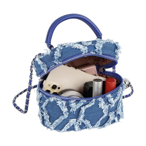 Image of Women Denim Mini Bucket Shoulder Crossbody Bag Drawstring Quilted Distressed Tassel Barrel Shape Satchel Purse