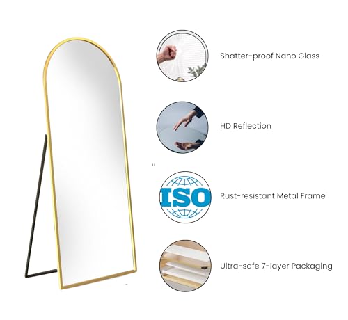 Image of Gharaana Arched Metal Floor Mirror with Stand for Living Room, Full-Length Mirror for Bedroom | Standing Mirror | Glam Gold (58x23x12)