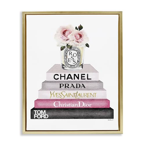 Image of Book Stack Fashion Candle Rose, 16 x 20 Inch Canvas in Floater Frame | Stupell Industries . By Amanda Greenwood . Ready to hang once unboxed . Giftable accent for any room . Made in USA
