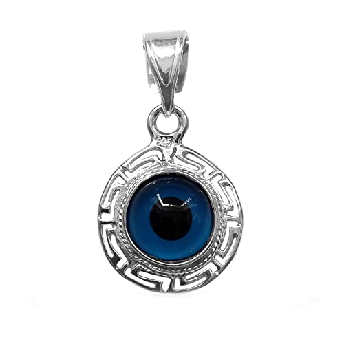 Sterling Silver Greek Key Double Sided Evil Eye Pendant Charm