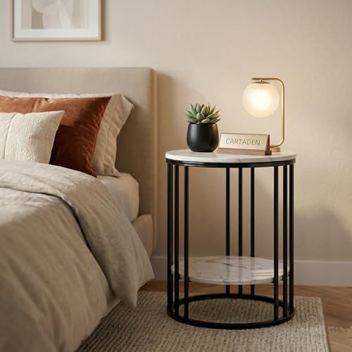 Image of CARTADEN Side Table, Small Round End Table with Lower Shelf, Nightstand for Small Spaces, Bedside Coffee Table for Living Room, Bedroom Black White