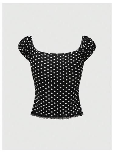 SOLY HUX Women's Y2k Lace Trim Polka Dots T Shirt Cap Sleeve V Neck Ruched Bow Tee Crop Tops2