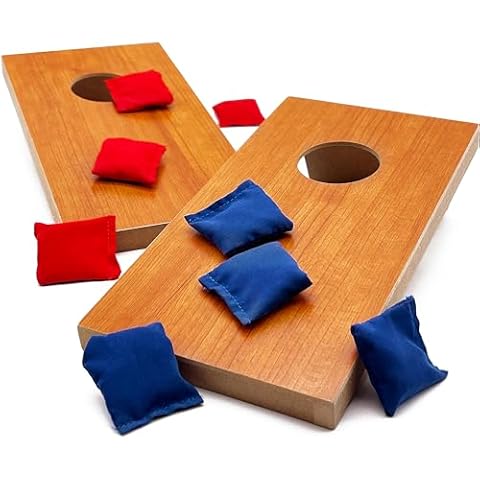 Super Fun, Portable Mini Desktop Cornhole Set of 2. Coated Wood Boards with 4 Red 4 Blue Bags. Gift for Students, Office Employees or Work from Home. Simple Easy Tabletop Game for Groups or Solo! Cover