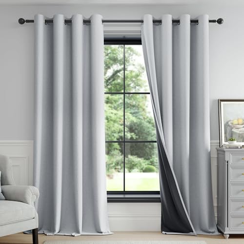 Image of FMFUNCTEX 100% Light Grey Blackout Curtains for Living Room, Curtains 63 Inches Long Weave Textured Thermal Insulated Curtains for Bedroom, Black Out Drapery Grommet Room Darkening 2 Panels