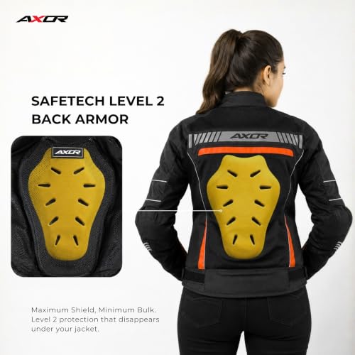 Image of Axor Divazz Women Motorcycle Riding Jacket, CE Armour Protective Bike Jacket, All-Weather Touring Riding Gear with Ventilation Panels, Black Orange, L
