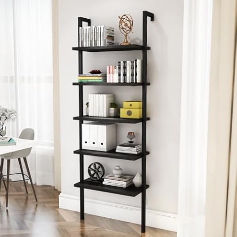 DKLGG 5-Tier Ladder Shelf, Industrial Wall Mounted Bookshelf, Narrow Ladder Bookcase with Wood Board and Metal Frame, Open Display Shelf for Living Room, Bedroom, Office, Black Cover